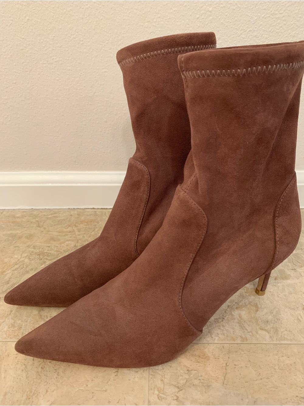 Stuart Weitzman Pointed Suede Mid-Calf Boots in Chestnut